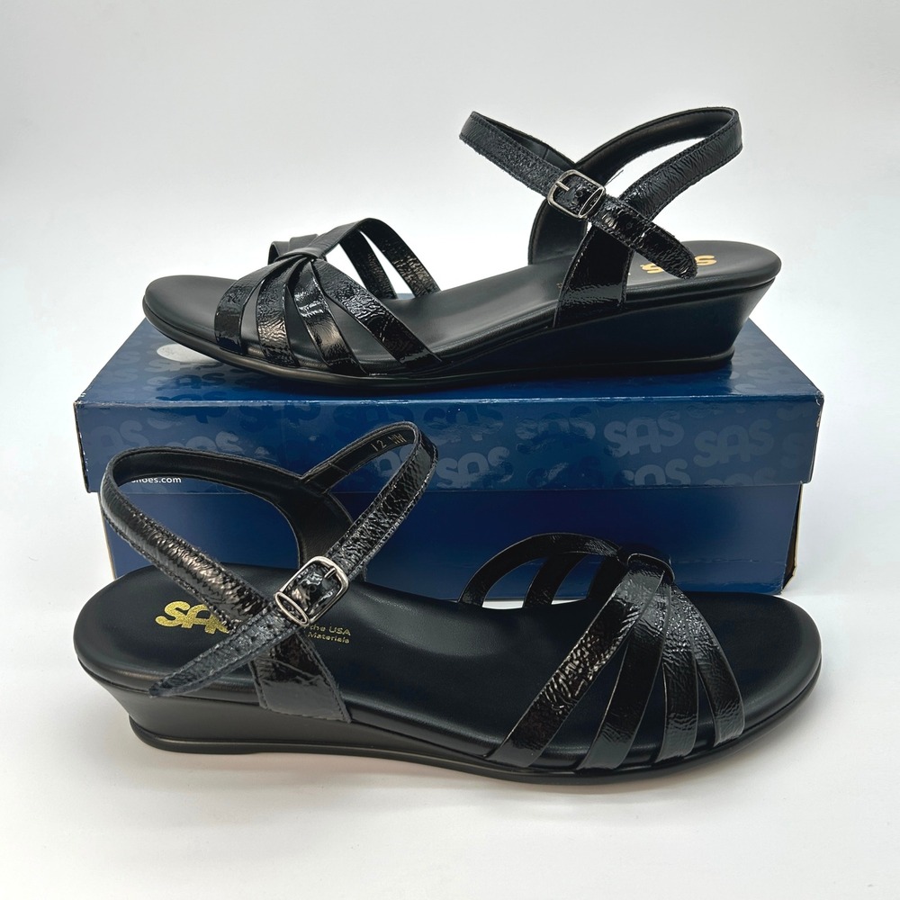 Womens Dress Sandals SAS Strippy Size 12 WW Black Patent Leather Wedge Heel NEW